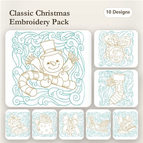 Redwork Classic Christmas Embroidery Designs Bundle – Snowman with Candy Cane, Christmas Stocking, Gift Bag & More (10 Designs)
