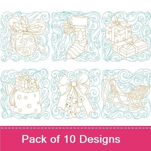 Redwork Classic Christmas Embroidery Designs Bundle – Snowman with Candy Cane, Christmas Stocking, Gift Bag & More (10 Designs)