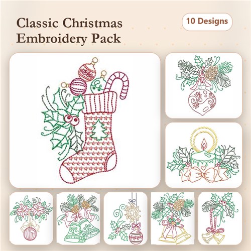 Redwork Classic Christmas Embroidery Designs Bundle – Christmas Stocking, Holly, Bell & More (10 Designs)