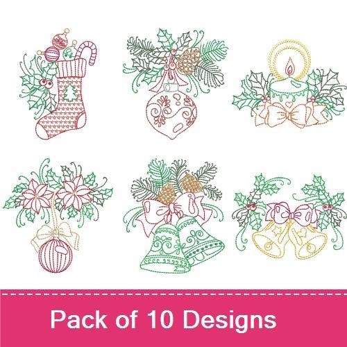 Redwork Classic Christmas Embroidery Designs Bundle – Christmas Stocking, Holly, Bell & More (10 Designs)