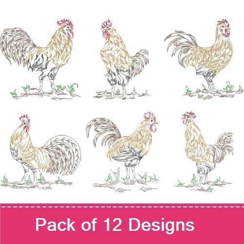 Rooster Embroidery Designs Bundle – Rooster Standing Tall, Rooster Profile, Rooster in Motion & More (12 Designs)