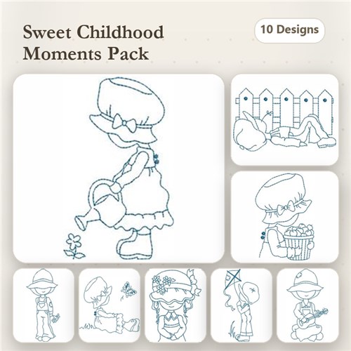 Redwork Childhood Scenes Embroidery Designs Bundle – Girl Watering Flowers, Child with Bunny, Child with Basket & More (10 Designs)