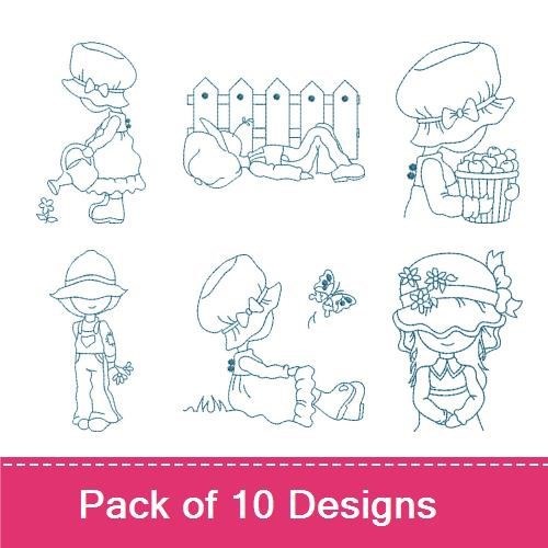 Redwork Childhood Scenes Embroidery Designs Bundle – Girl Watering Flowers, Child with Bunny, Child with Basket & More (10 Designs)