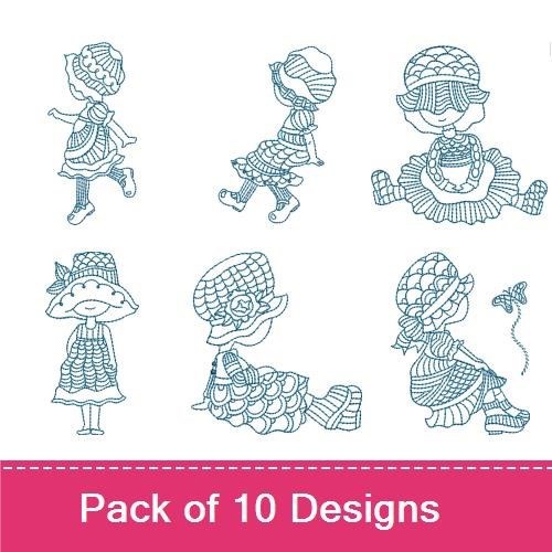 Redwork Vintage Girls Embroidery Designs Bundle – Girl with Hat, Girl Running, Girl with Basket & More (10 Designs)