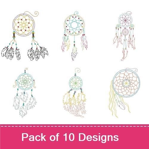 Redwork Dreamcatcher Embroidery Designs Bundle – Dreamcatcher with Feathers, Colored Dreamcatcher, Simple Dreamcatcher & More (10 Designs)
