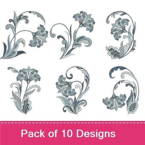 Floral Embroidery Designs Bundle – Blue Floral Design with Leaves, Elegant Blue Flower, & More (10 Designs)