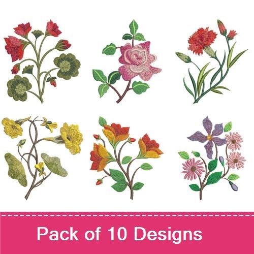 Floral Embroidery Designs Bundle – Red Flower Bouquet, Pink Rose, Carnation & More (10 Designs)