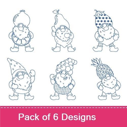 Redwork Fruit Gnomes Embroidery Bundle – Gnome with Grapes, Gnome with Watermelon, Gnome with Pineapple & More (6 Designs)