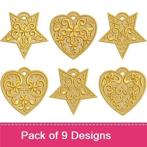 FSL Elegant Gold Hearts & Stars Embroidery Designs Bundle – Gold Star Ornament, Gold Heart Ornament with Swirls & More (9 Designs)