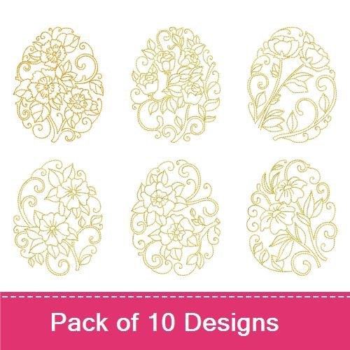 Redwork Elegant Floral Embroidery Bundle – Floral Outline with Roses, Ornate Floral Outline, & More (10 Designs)