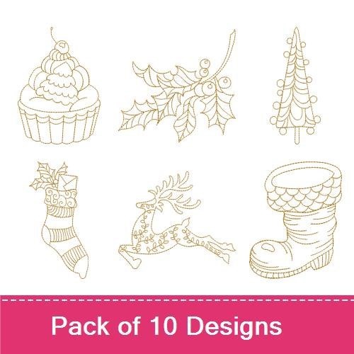 Redwork Classic Christmas Embroidery Designs Bundle – Reindeer with Lights, Cupcake, Holly Branch & More (10 Designs)