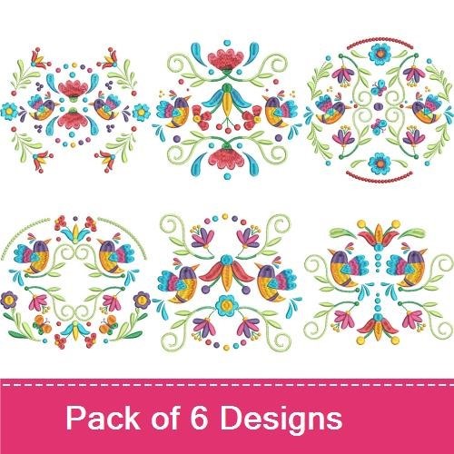 Folk Art Birds & Floral Embroidery Designs Bundle – Colorful Flowers, Ornamental Birds, & More (6 Designs)