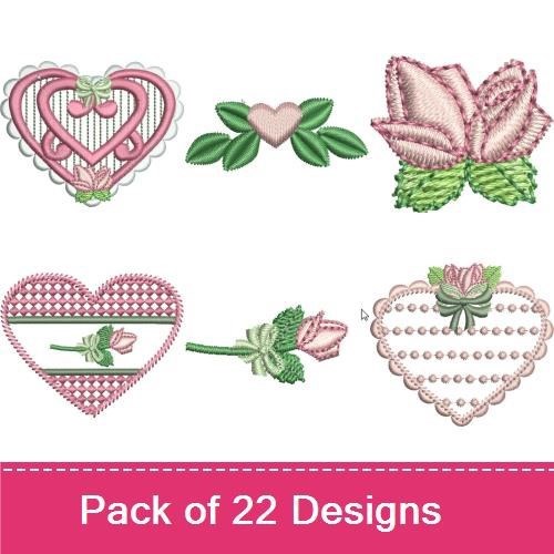 Floral Heart Embroidery Designs Bundle – Heart with Roses, Butterfly with Rose, Lace Heart with Bow & More (22 Designs)
