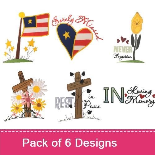 Memorial Remembrance Embroidery Designs Bundle – Wooden Cross with Flowers, USA Flag Heart, & More (6 Designs)