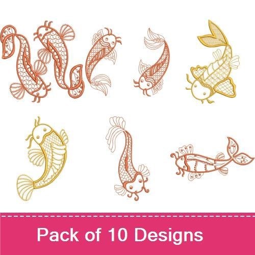 Redwork Koi Fish Embroidery Bundle – Koi Fish with Swirls, Koi Fish in Water, Elegant Koi Fish & More (10 Designs)