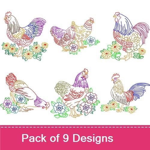 Redwork Colorful Rooster & Hen Embroidery Designs Bundle – Colorful Rooster with Flowers, Rooster Among Flowers & More (9 Designs)