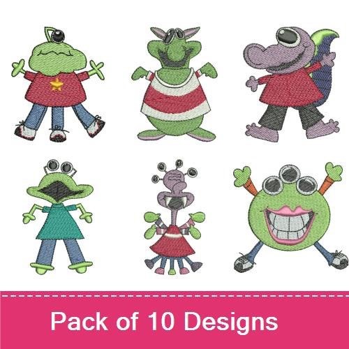 Playful Monsters Embroidery Designs Bundle – Green Monster with Three Eyes, Purple Monster with Arms, Blue Monster with Shirt & More (10 Designs)