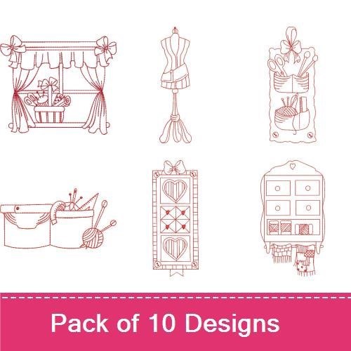 Redwork Sewing Room Embroidery Designs Bundle – Sewing Machine, Sewing Table, Curtains & More (10 Designs)