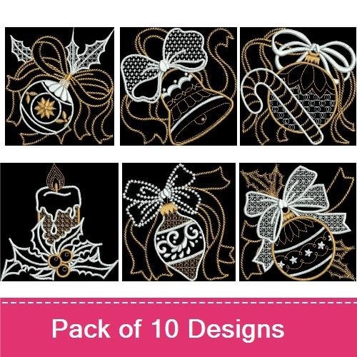 Christmas Ornaments Embroidery Designs Bundle – Ribbon, Candy Cane, Holly Berries & More (10 Designs)