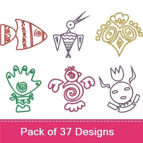 Redwork Tribal Animal Embroidery Bundle – Fish, Bird, Heart, Owl & More (37 Designs)
