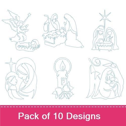 Redwork Nativity Scenes Embroidery Designs Bundle – Mary and Baby Jesus, Angel with Trumpet, & More (10 Designs)