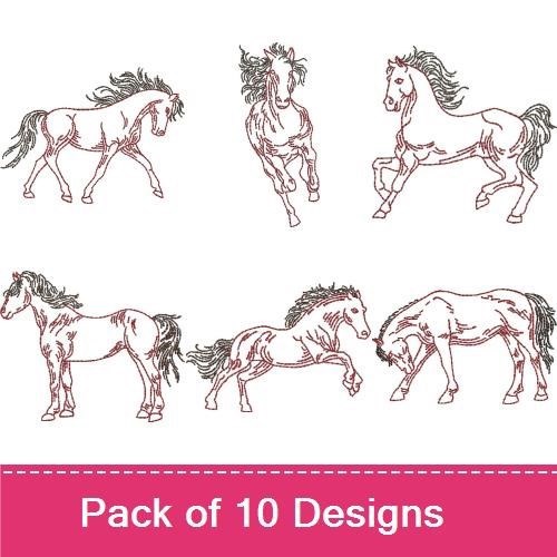 Redwork Elegant Horses Embroidery Designs Bundle – Rearing Horse, Galloping Horse, Standing Horse & More (10 Designs)