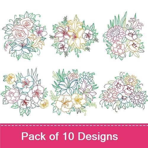 Redwork Colorful Floral Embroidery Bundle – Floral Bouquet with Roses, Lily and Floral Arrangement & More (10 Designs)