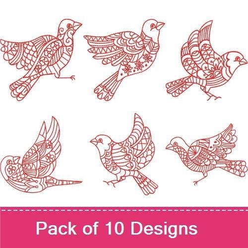 Redwork Decorative Bird Embroidery Bundle – Ornate Winged Bird, Bird in Flight, Sitting Bird & More (8 Designs)