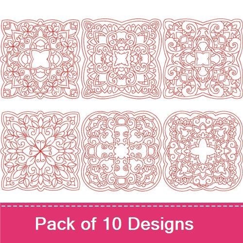 Redwork Quilt Square Embroidery Designs Bundle – Ornate, Floral, Geometric & More (10 Designs)