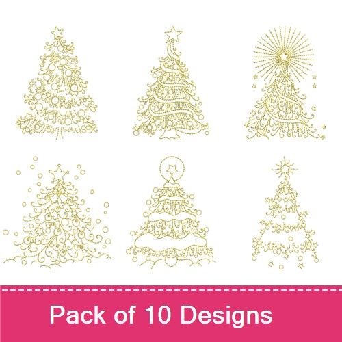 Redwork Christmas Trees Embroidery Designs Bundle – Elegant Tree with Ornaments, Decorative Tree with Gifts, & More (10 Designs)