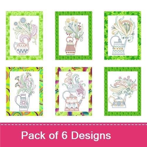 Redwork Floral Pitcher Embroidery Designs Bundle – Floral Pitcher with Swirls, Decorative Pitcher with Flowers & More (6 Designs)
