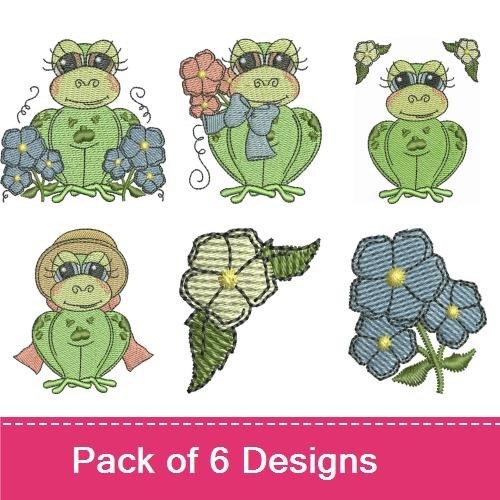 Cute Frog Embroidery Bundle – Frog with Flower, Blue Flower Cluster & More (6 Designs)