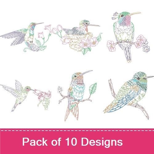 Redwork Hummingbird Embroidery Bundle – Hummingbird with Flowers, Hummingbird in Flight, & More (10 Designs)