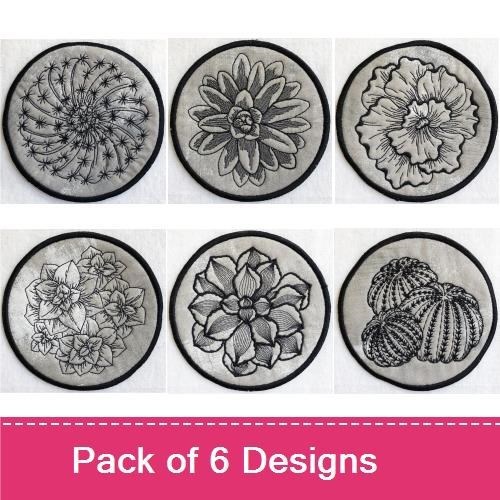 Monochrome Succulent Embroidery Designs Bundle – Spiral Succulent, Floral Succulent, Round Succulent & More (6 Designs)