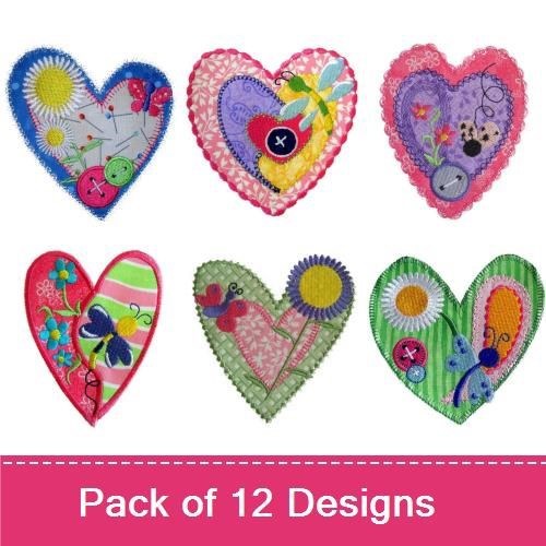 Applique Floral Heart Embroidery Bundle – Colorful Heart with Button, Floral Heart with Butterfly & More (12 Designs)