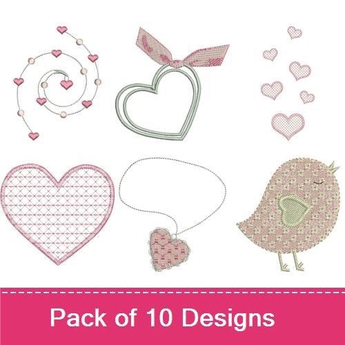Hearts & Birds Embroidery Designs Bundle – Bird with Hearts, Decorative Heart, Butterfly with Hearts & More (10 Designs)