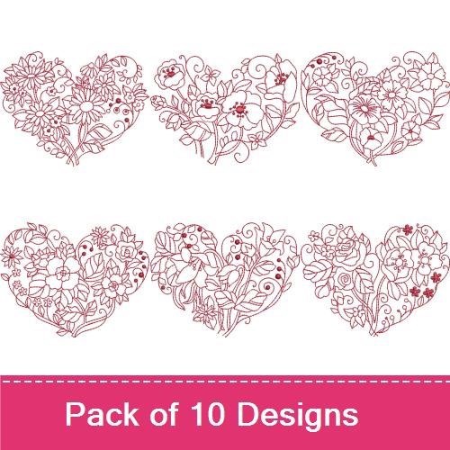 Redwork Floral Hearts