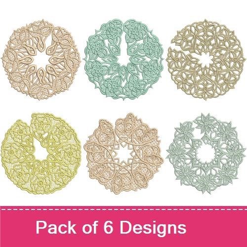FSL Elegant Floral Lace Embroidery Designs Bundle – Floral Lace Wreath with Leaves, Openwork Floral Round & More (6 Designs)