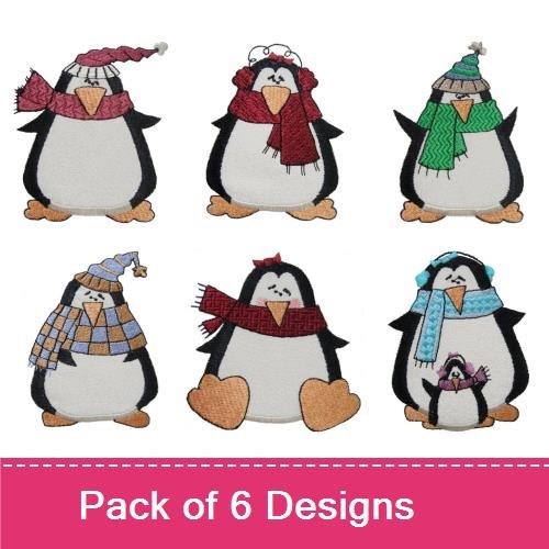 Applique Cozy Winter Penguins Embroidery Designs Bundle – Penguin with Red Scarf, Penguin Holding Gift & More (6 Designs)