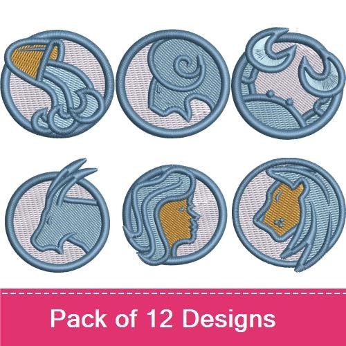 Zodiac Symbols Embroidery Designs Bundle – Aquarius, Pisces, Aries, Taurus & More (12 Designs)