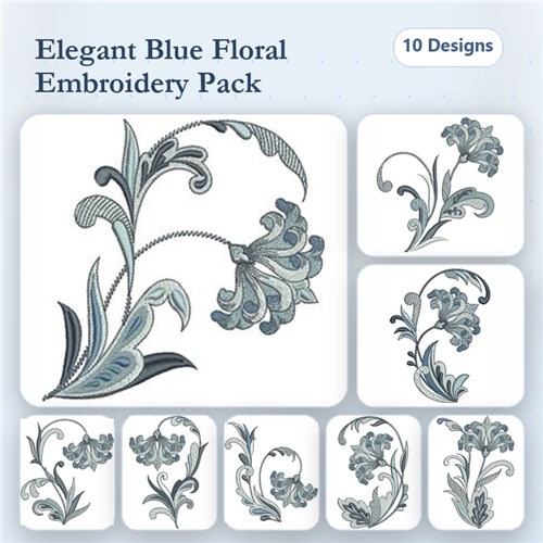Floral Embroidery Designs Bundle – Blue Floral Design with Leaves, Elegant Blue Flower, & More (10 Designs)