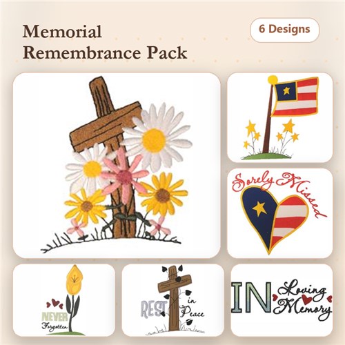 Memorial Remembrance Embroidery Designs Bundle – Wooden Cross with Flowers, USA Flag Heart, & More (6 Designs)