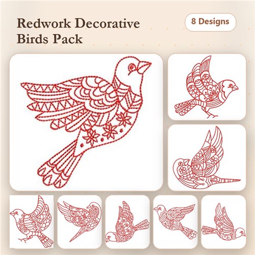 Redwork Decorative Bird Embroidery Bundle – Ornate Winged Bird, Bird in Flight, Sitting Bird & More (8 Designs)