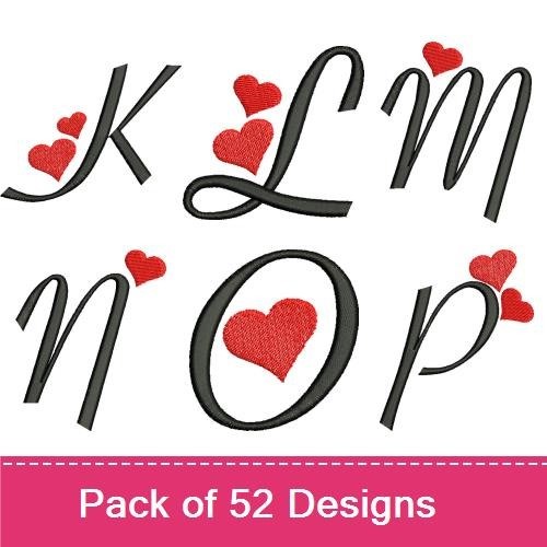 Love Themed Alphabet Embroidery Bundle – Letter A with Hearts, Letter B with Hearts, Letter C with Hearts & More (52 Designs)