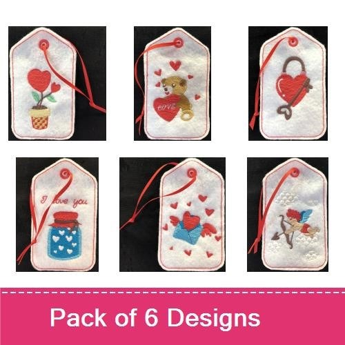 ITH Valentine's Day Tags Embroidery Designs Bundle – Teddy Bear Love Tag, Heart Cupcake Tag, Bird Tag & More (6 Designs)
