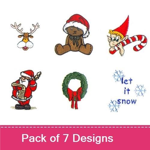 Christmas Characters Embroidery Designs Bundle – Reindeer, Teddy Bear with Santa Hat, Elf with Candy Cane & More (7 Designs)