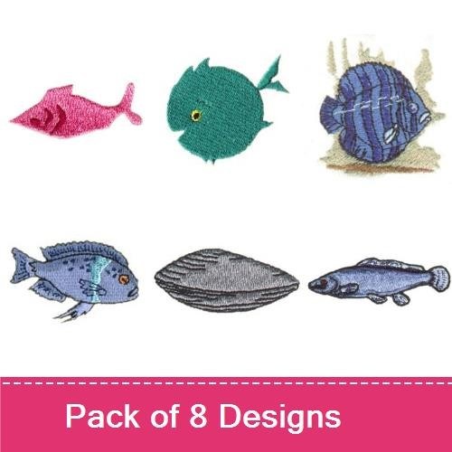 Ocean Life Embroidery Designs Bundle – Angelfish, Blue Tang, Shark & More (8 Designs)