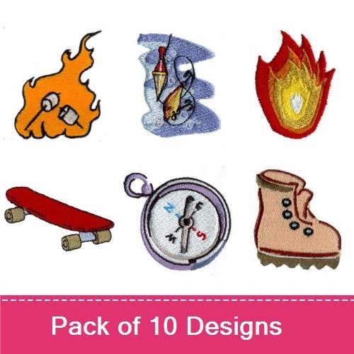 Outdoor Adventure Embroidery Designs Bundle – Fishing Lure, Campfire, Skateboard & More (10 Designs)