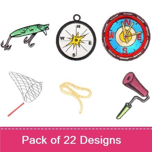 Outdoor Adventure Tools Embroidery Designs Bundle – Sewing Machine, Fishing Lure, Compass & More (22 Designs)