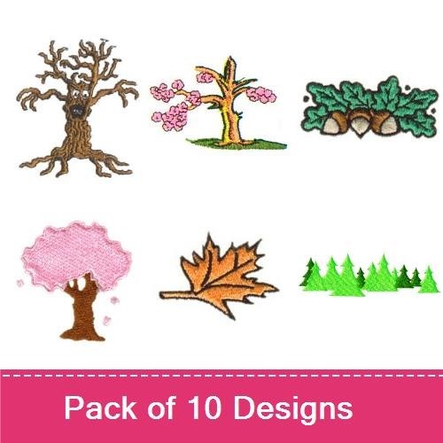 Whimsical Trees & Leaves Embroidery Designs Bundle – Pine Trees, Cherry Blossom Tree, Oak Tree & More (10 Designs)